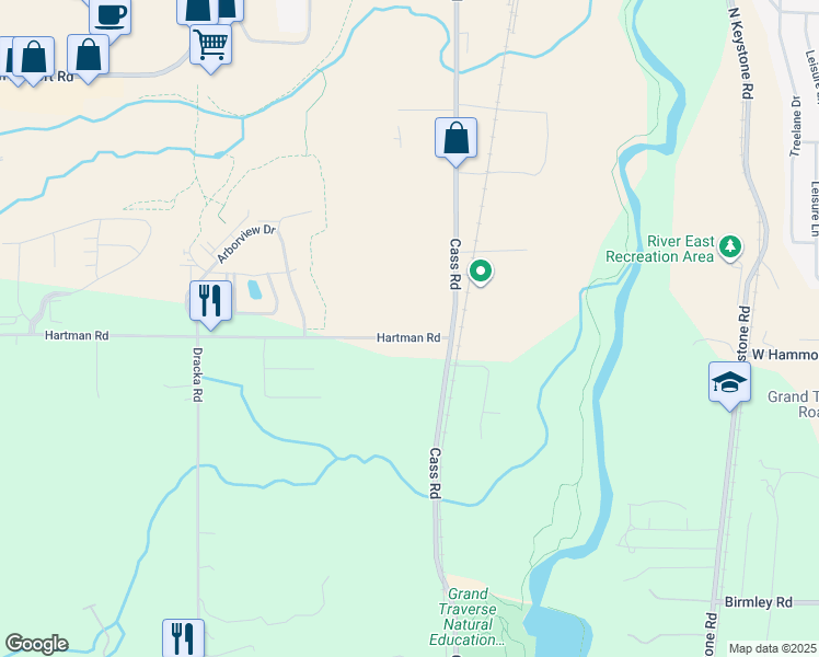 map of restaurants, bars, coffee shops, grocery stores, and more near 2501-2737 Hartman Road in Traverse City