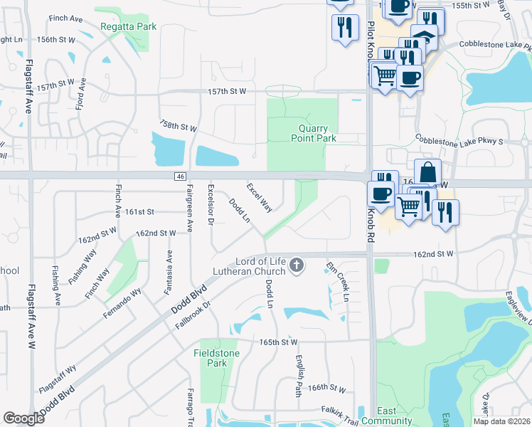 map of restaurants, bars, coffee shops, grocery stores, and more near 16054 Excel Way in Rosemount
