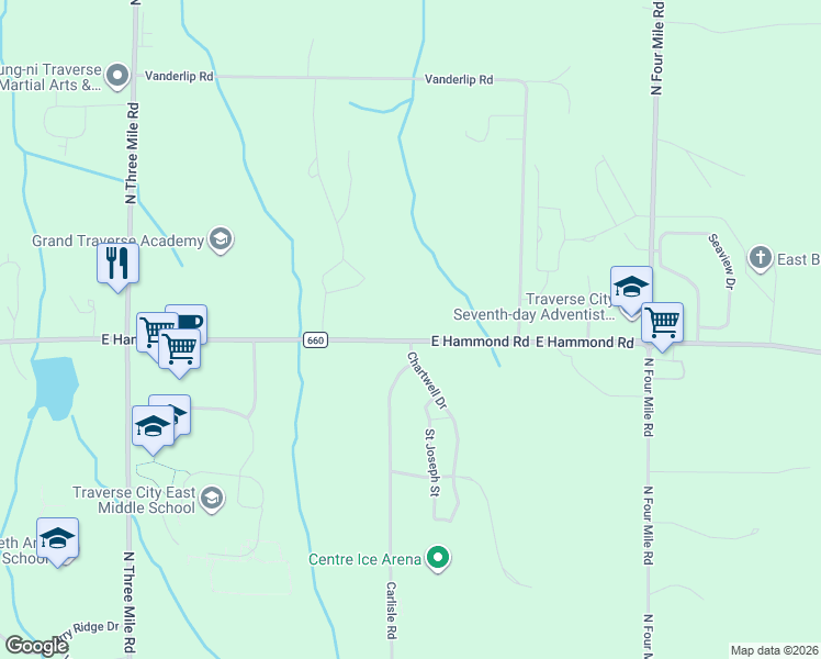 map of restaurants, bars, coffee shops, grocery stores, and more near 1551 East Hammond Road in Traverse City