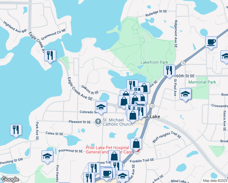 map of restaurants, bars, coffee shops, grocery stores, and more near 4560 Dakota Street Southeast in Prior Lake