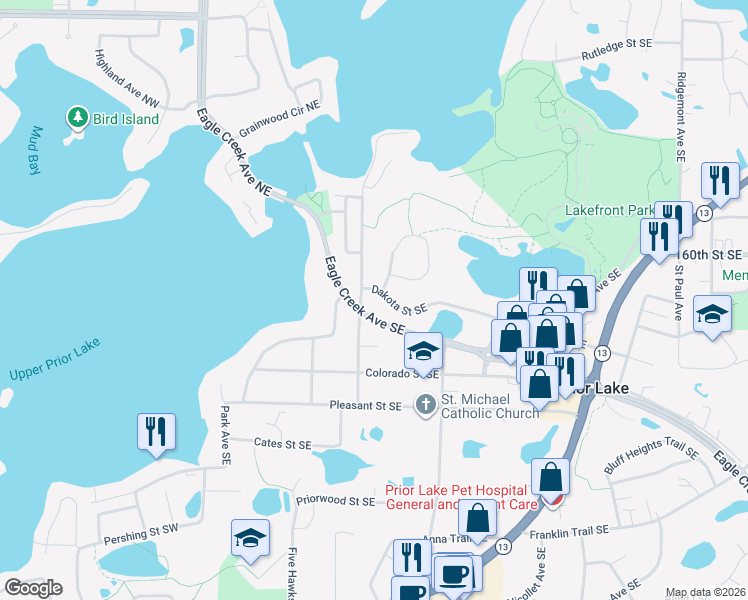 map of restaurants, bars, coffee shops, grocery stores, and more near 4350 Dakota Street Southeast in Prior Lake