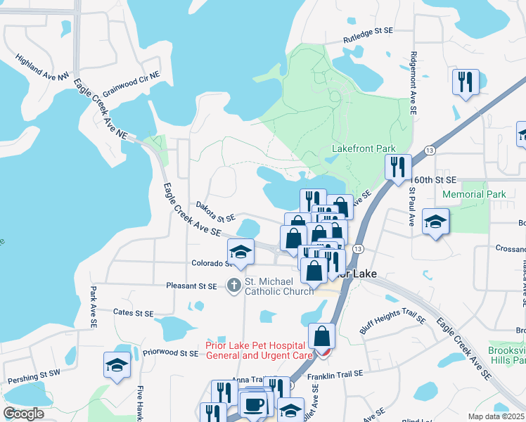 map of restaurants, bars, coffee shops, grocery stores, and more near 4560 Dakota Street Southeast in Prior Lake
