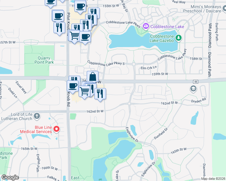 map of restaurants, bars, coffee shops, grocery stores, and more near 5181 161st Street West in Lakeville