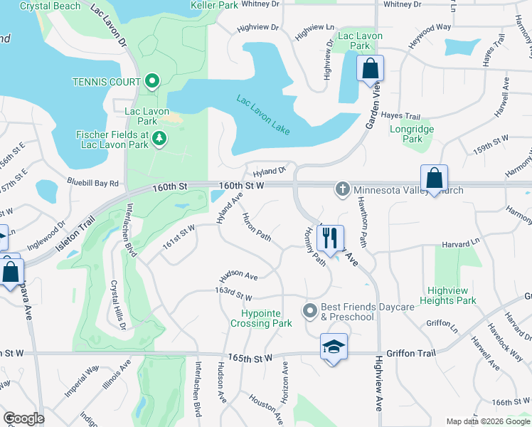 map of restaurants, bars, coffee shops, grocery stores, and more near 16116 Huron Circle in Lakeville