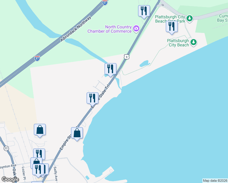 map of restaurants, bars, coffee shops, grocery stores, and more near 460 North Margaret Street in Plattsburgh