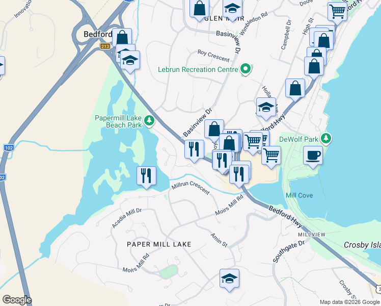 map of restaurants, bars, coffee shops, grocery stores, and more near 72 Hammonds Plains Road in Bedford