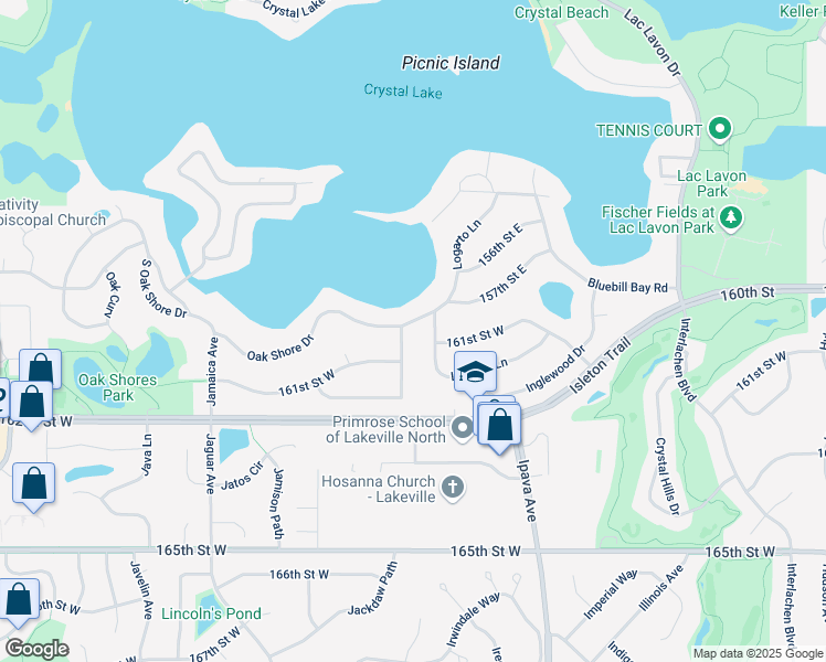 map of restaurants, bars, coffee shops, grocery stores, and more near 9778 Oak Shore Drive in Lakeville