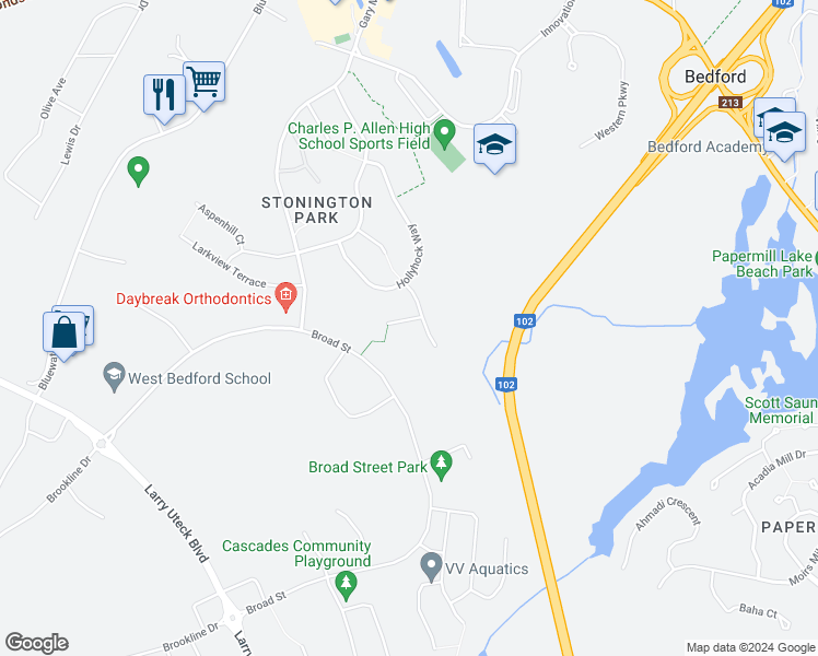 map of restaurants, bars, coffee shops, grocery stores, and more near 12 Lowther Lane in Bedford