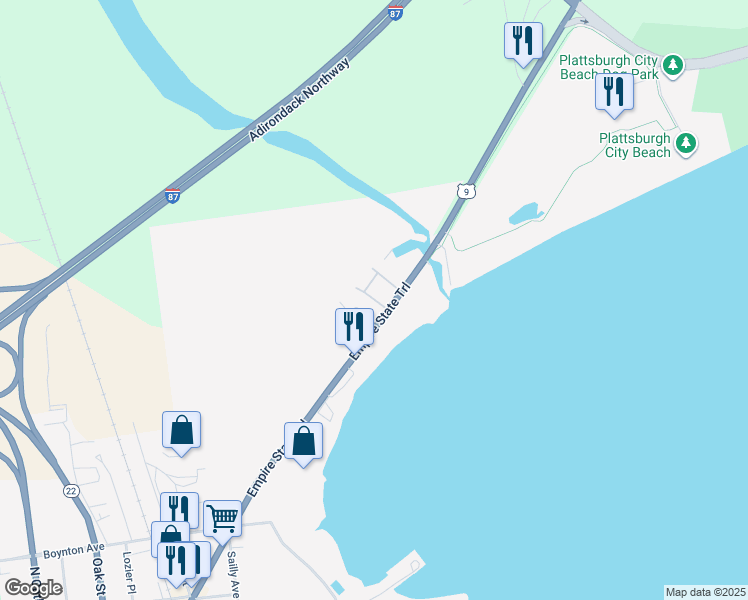 map of restaurants, bars, coffee shops, grocery stores, and more near Set Point in Plattsburgh