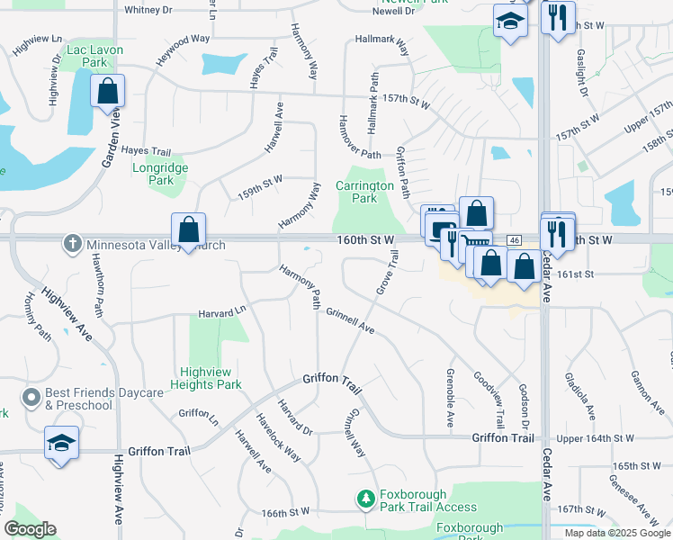 map of restaurants, bars, coffee shops, grocery stores, and more near 16105 Goodview Way in Lakeville