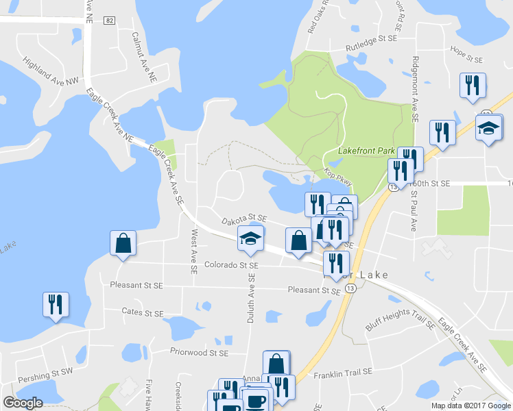 map of restaurants, bars, coffee shops, grocery stores, and more near 4480 Dakota Street Southeast in Prior Lake