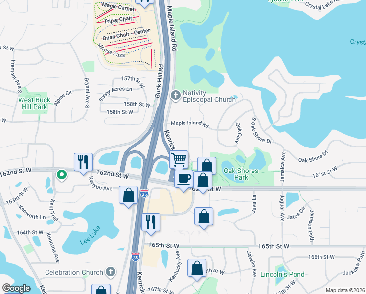 map of restaurants, bars, coffee shops, grocery stores, and more near 16075 Joplin Avenue in Lakeville