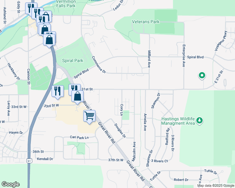 map of restaurants, bars, coffee shops, grocery stores, and more near 3130 Cory Lane in Hastings