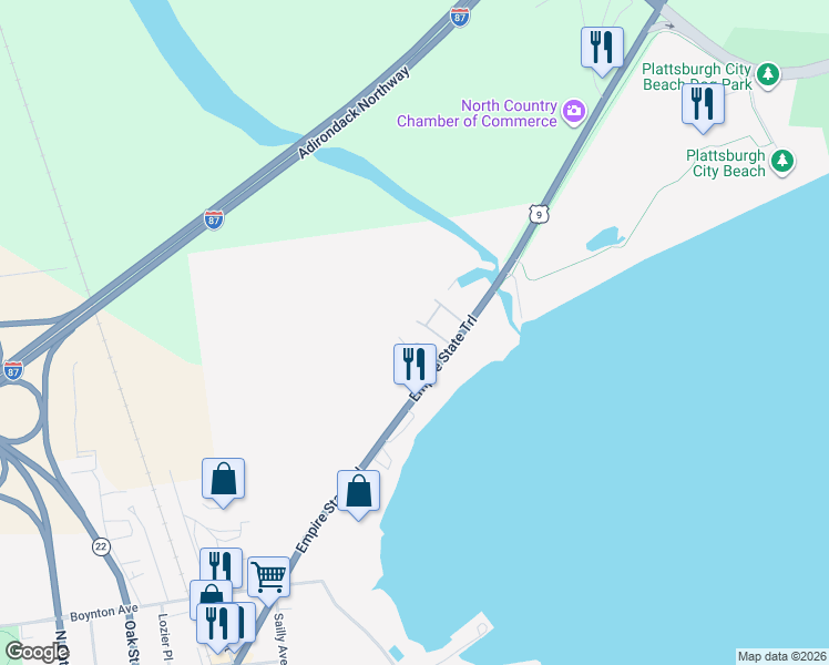 map of restaurants, bars, coffee shops, grocery stores, and more near 27 Set Point in Plattsburgh