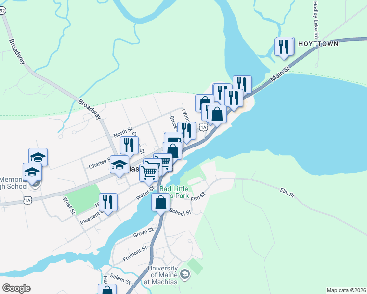 map of restaurants, bars, coffee shops, grocery stores, and more near 44 Main Street in Machias
