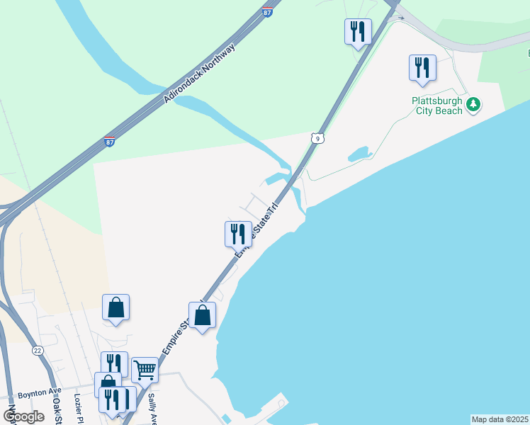 map of restaurants, bars, coffee shops, grocery stores, and more near 65 Set Point in Plattsburgh