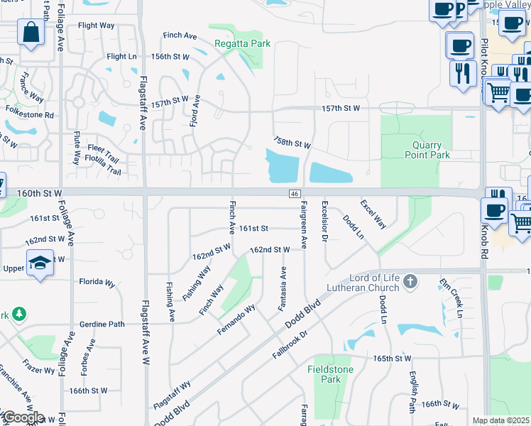 map of restaurants, bars, coffee shops, grocery stores, and more near 6134 Lower 161st Street West in Rosemount
