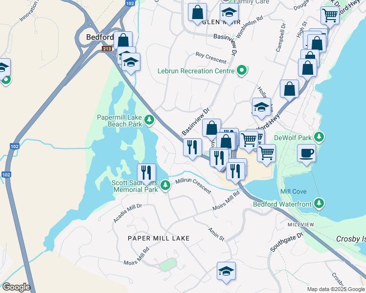 map of restaurants, bars, coffee shops, grocery stores, and more near 80 Hammonds Plains Road in Bedford