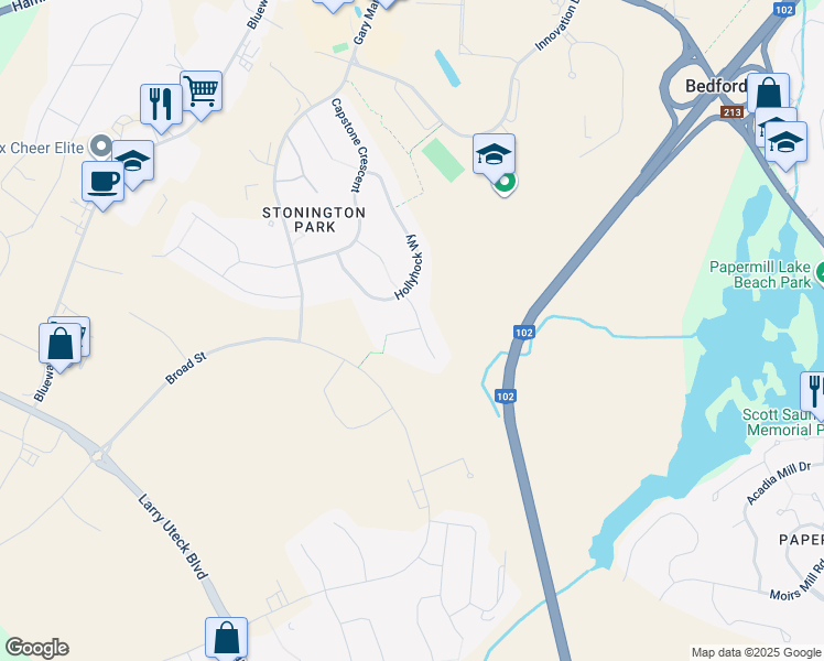 map of restaurants, bars, coffee shops, grocery stores, and more near Lowther Lane in Bedford