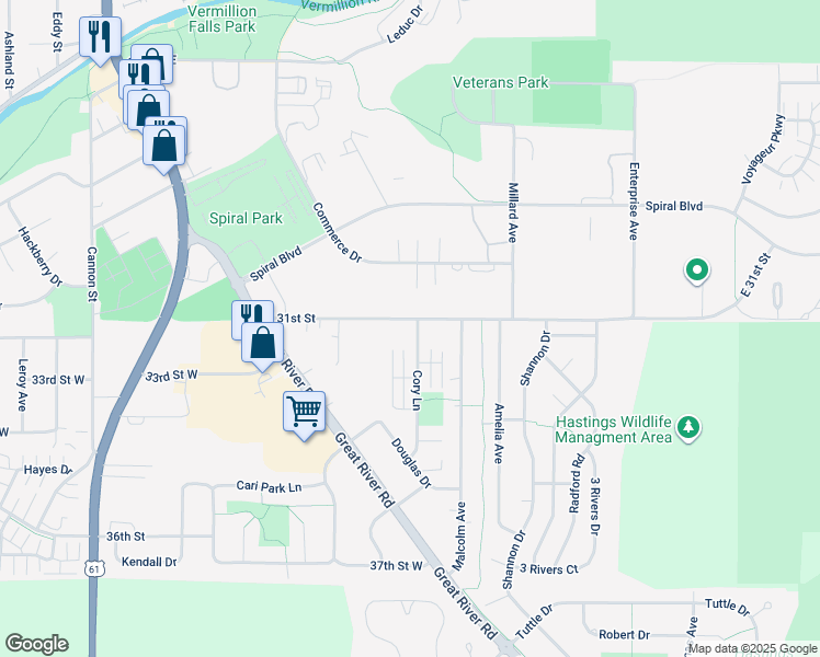 map of restaurants, bars, coffee shops, grocery stores, and more near 3130 Cory Lane in Hastings