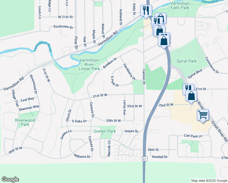 map of restaurants, bars, coffee shops, grocery stores, and more near 620 31st Street West in Hastings