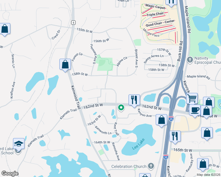 map of restaurants, bars, coffee shops, grocery stores, and more near 15956 Kendale Drive in Lakeville
