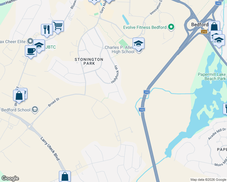 map of restaurants, bars, coffee shops, grocery stores, and more near 15 Lowther Lane in Bedford