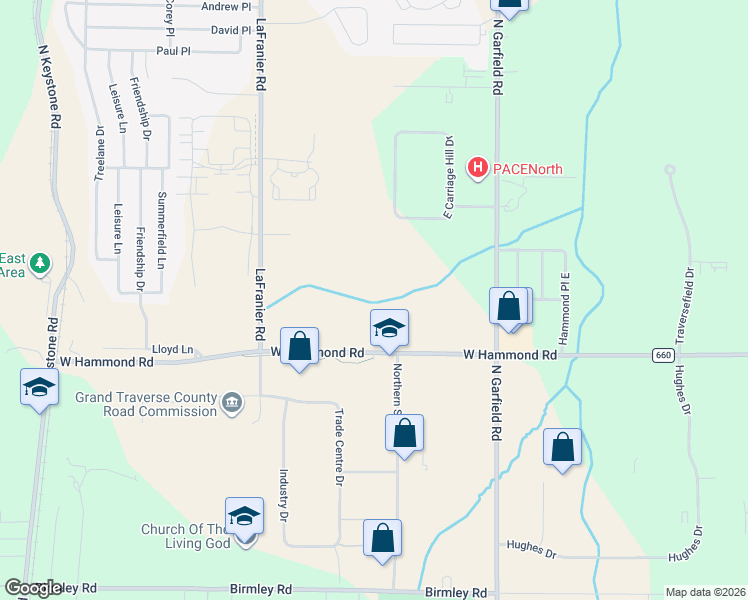 map of restaurants, bars, coffee shops, grocery stores, and more near 2051 Garfield Road North in Traverse City