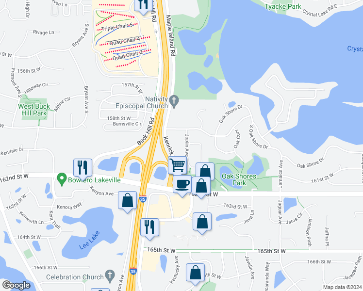 map of restaurants, bars, coffee shops, grocery stores, and more near 16045 Joplin Avenue in Lakeville