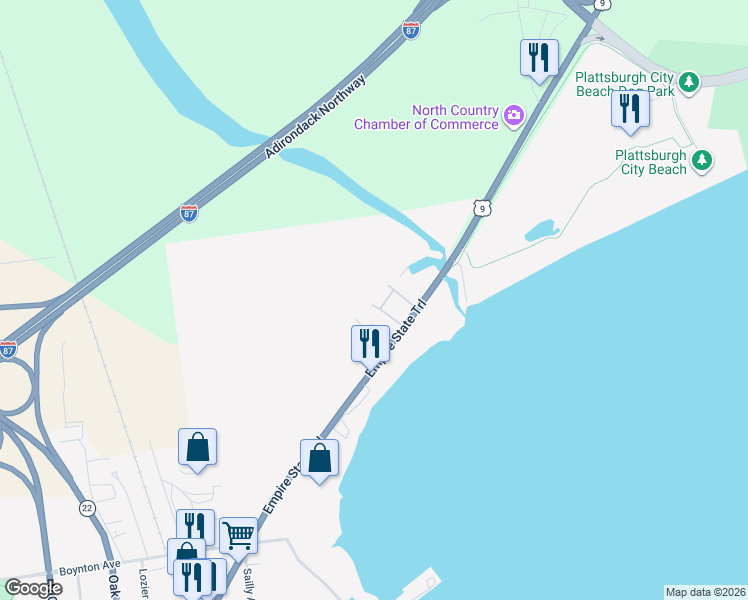 map of restaurants, bars, coffee shops, grocery stores, and more near 27 Set Point in Plattsburgh