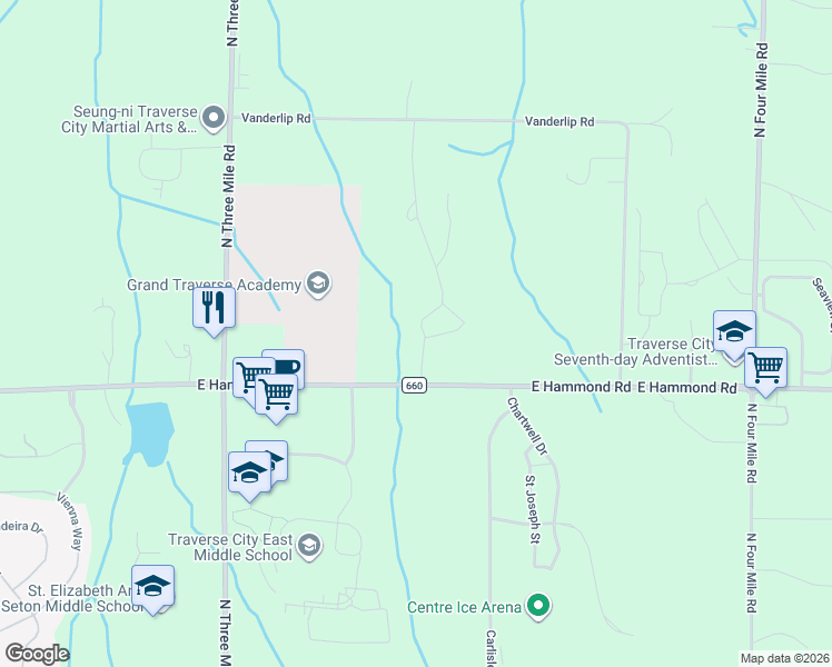 map of restaurants, bars, coffee shops, grocery stores, and more near in Garfield Township