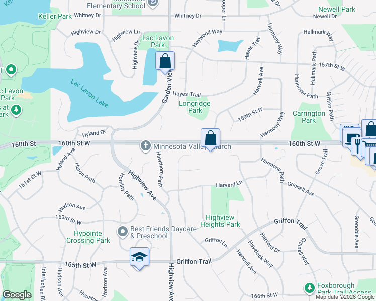 map of restaurants, bars, coffee shops, grocery stores, and more near 16083 Gunflint Circle in Lakeville