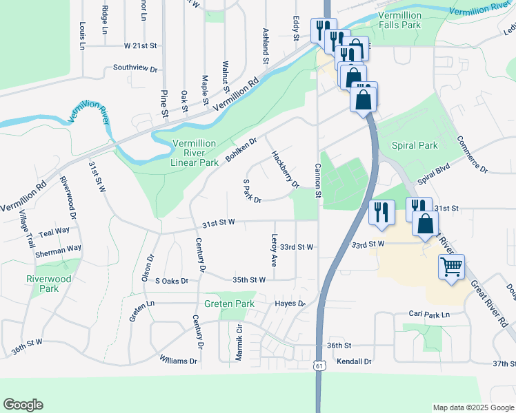 map of restaurants, bars, coffee shops, grocery stores, and more near 620 31st Street West in Hastings