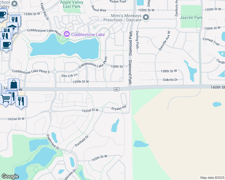map of restaurants, bars, coffee shops, grocery stores, and more near 160th Street West in Dakota County