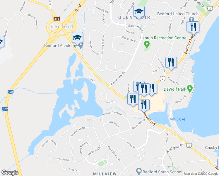 map of restaurants, bars, coffee shops, grocery stores, and more near 80 Hammonds Plains Road in Bedford
