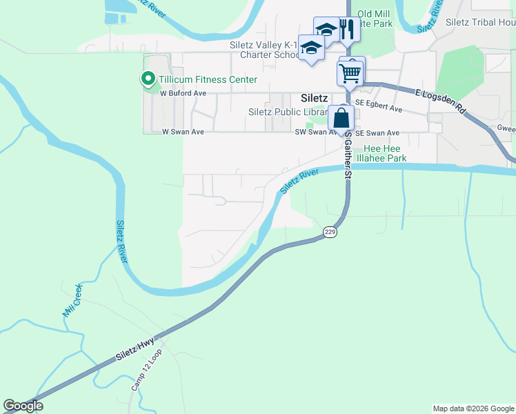 map of restaurants, bars, coffee shops, grocery stores, and more near 479 Siletz River Drive Southwest in Siletz