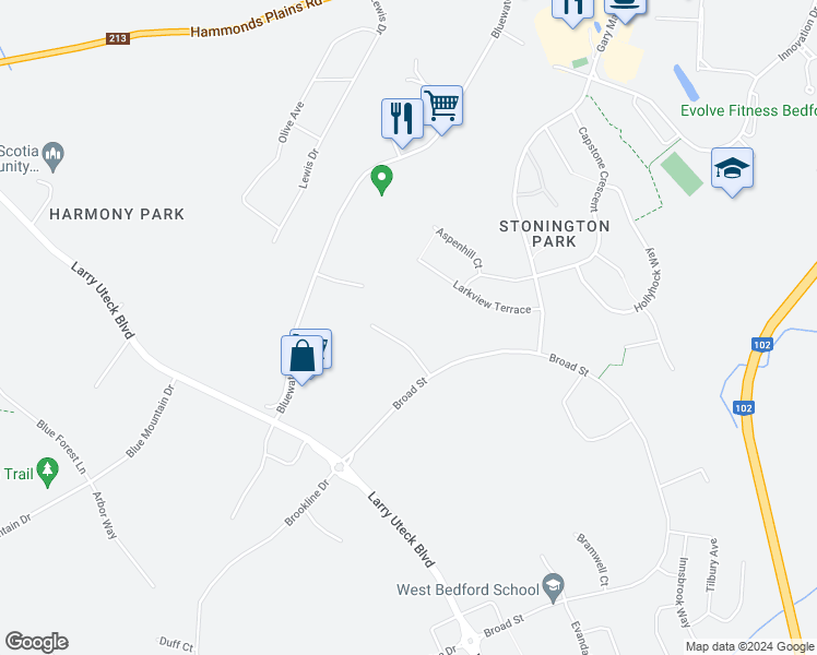 map of restaurants, bars, coffee shops, grocery stores, and more near 35 Farringdon Way in Bedford