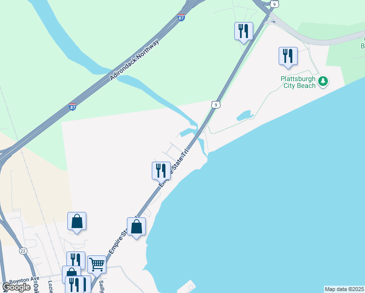 map of restaurants, bars, coffee shops, grocery stores, and more near 65 Set Point in Plattsburgh