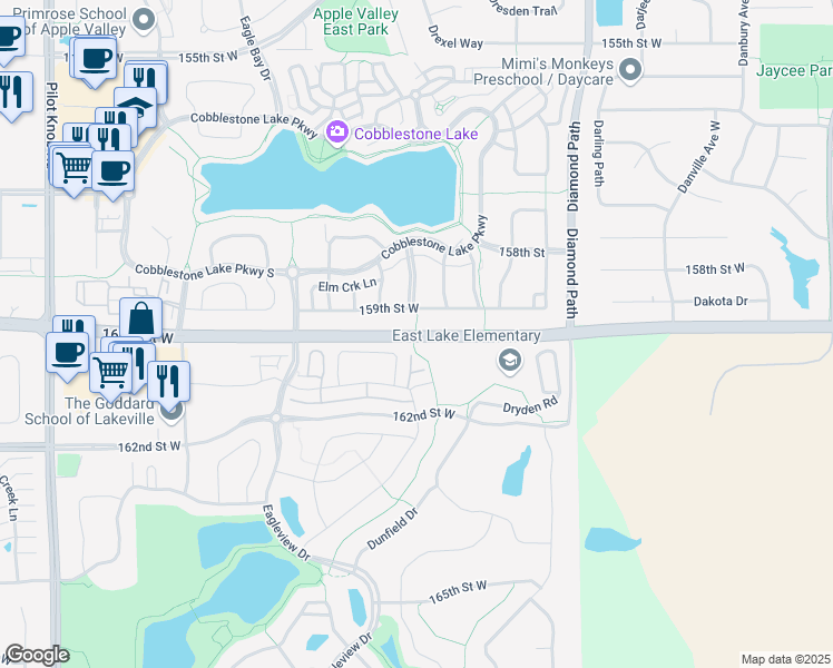 map of restaurants, bars, coffee shops, grocery stores, and more near 160th Street West in Dakota County