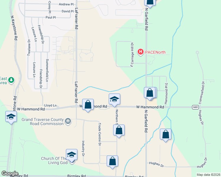 map of restaurants, bars, coffee shops, grocery stores, and more near 2051 North Garfield Road in Traverse City