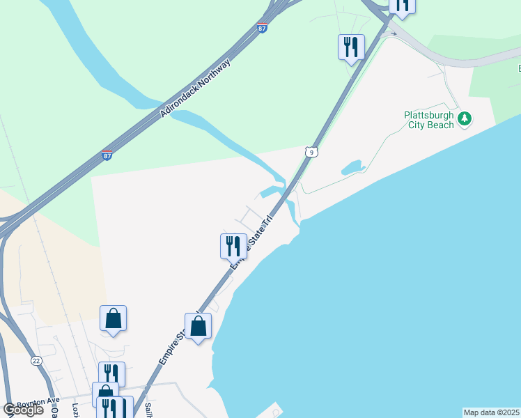 map of restaurants, bars, coffee shops, grocery stores, and more near 65 Set Point in Plattsburgh