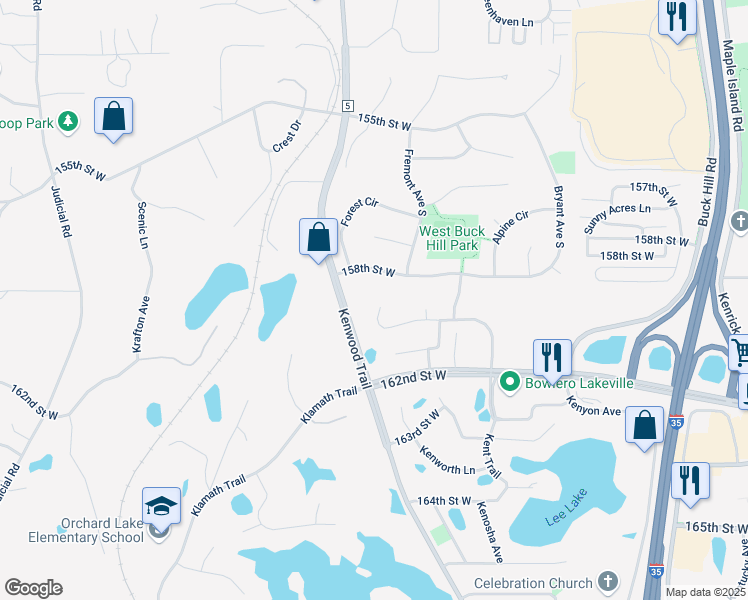 map of restaurants, bars, coffee shops, grocery stores, and more near 15855 Kendale Drive in Lakeville