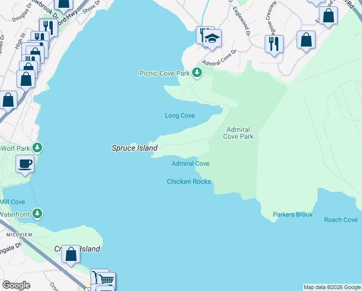 map of restaurants, bars, coffee shops, grocery stores, and more near 1368 Shore Drive in Bedford