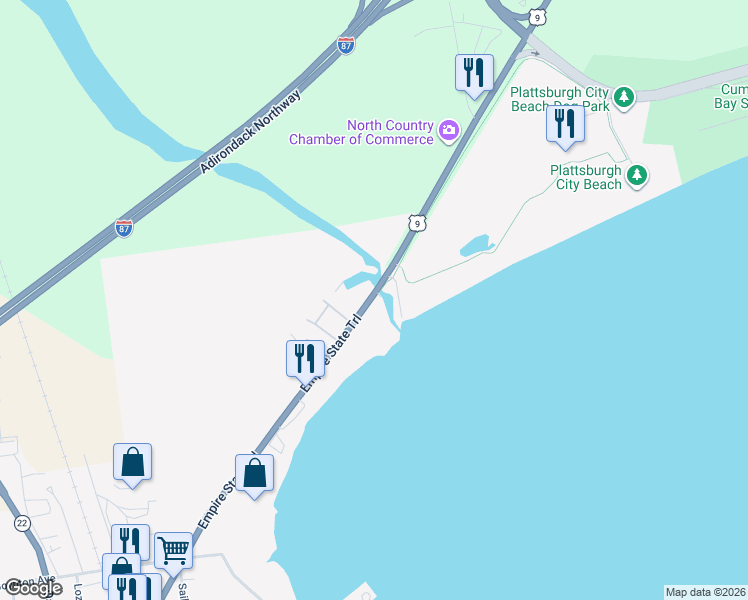 map of restaurants, bars, coffee shops, grocery stores, and more near 460 North Margaret Street in Plattsburgh