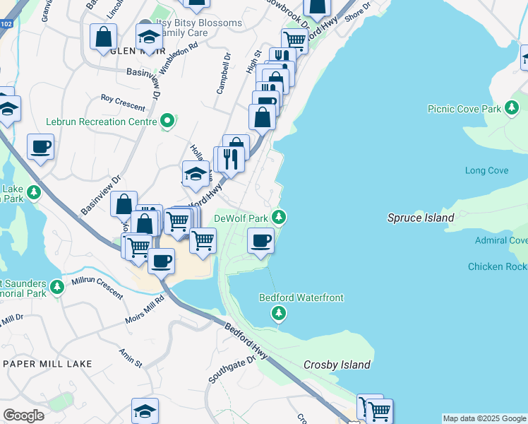map of restaurants, bars, coffee shops, grocery stores, and more near 99 Waterfront Drive in Bedford