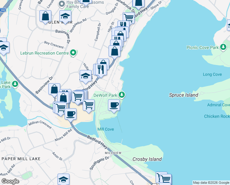map of restaurants, bars, coffee shops, grocery stores, and more near 99 Waterfront Drive in Bedford
