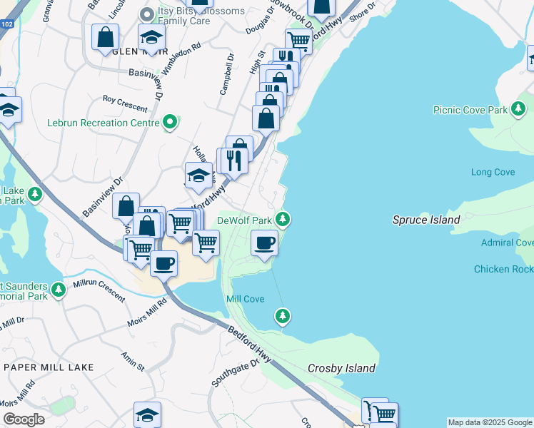 map of restaurants, bars, coffee shops, grocery stores, and more near 99 Waterfront Drive in Bedford