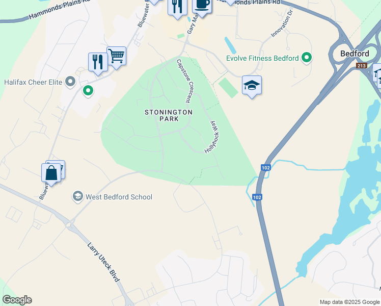 map of restaurants, bars, coffee shops, grocery stores, and more near 186 Hollyhock Way in Bedford