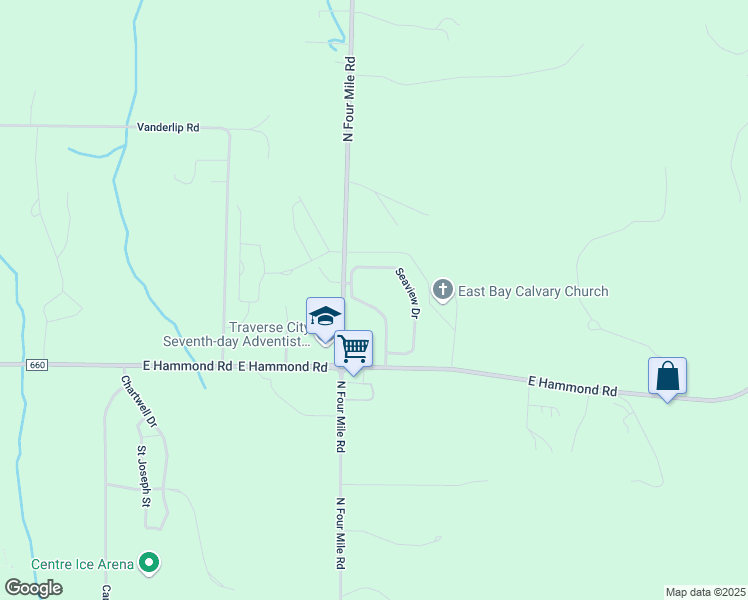 map of restaurants, bars, coffee shops, grocery stores, and more near 2086 Seaview Drive in Traverse City