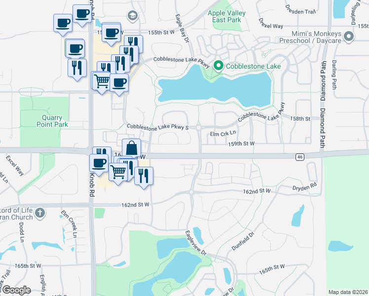 map of restaurants, bars, coffee shops, grocery stores, and more near 15880 Elmcroft Way in Apple Valley